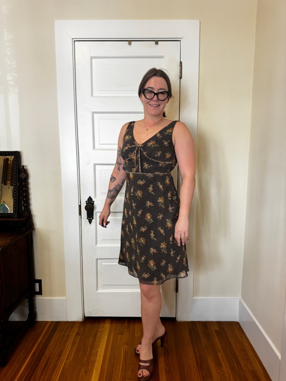90s Vintage Black Floral Slip Dress Sz Sm - Picture 2 of 6